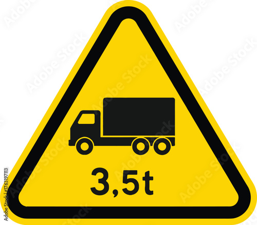 Yellow triangular warning sign with black truck icon and 3.5t text traffic weight