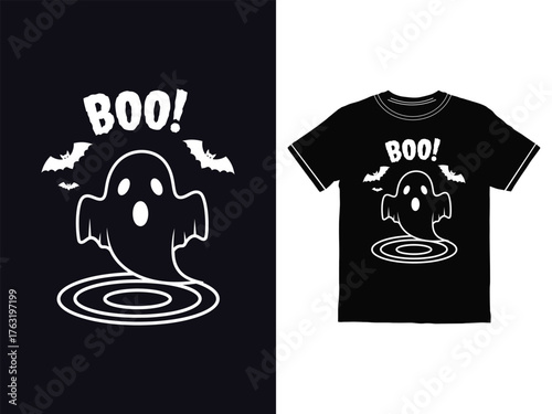 Halloween T shirt design with Ghost and Bats Illustration isolated