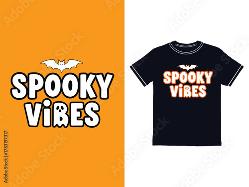 Spooky vibes Halloween t shirt design with bat and ghost vector