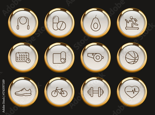 fitness gold rimmed vector icons. fitness icon set for web and ui design, mobile apps and print polygraphy and promo advertising business