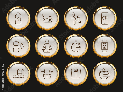 fitness gold rimmed vector icons. fitness gold rimmed icon set for web and ui design, mobile apps and print polygraphy