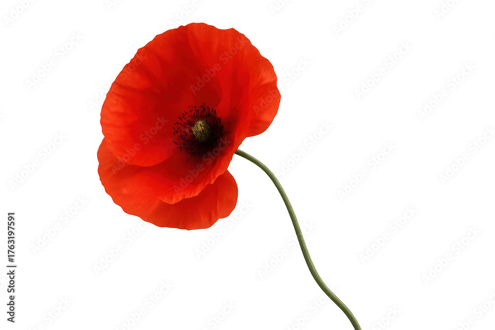 Obraz premium Single red poppy flower with delicate petals and green stem, blooming in nature, isolated on transparent background