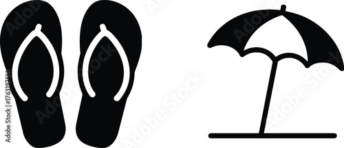 Beach icon vector set, flip-flops and umbrella silhouette, summer vacation symbols, minimalist black design for print, merchandise, travel, relaxation