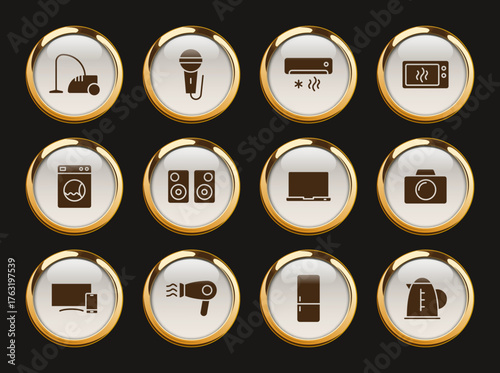 home appliances gold rimmed vector icons. home appliances gold rimmed icon set for web, mobile apps, ui design and print polygraphy