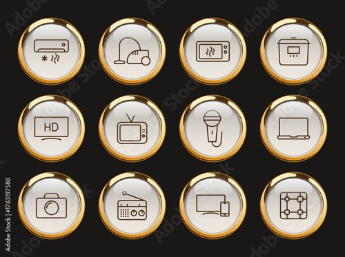 home appliances gold rimmed vector icons. home appliances gold rimmed icon set for web and ui design, mobile apps and print polygraphy