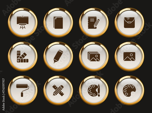 art tools gold rimmed icons. art tools gold rimmed icon set for web, mobile apps, ui design, print polygraphy and promo advertising business