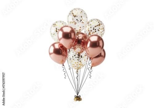 Vibrant cluster of glossy rose gold, metallic champagne, clear confetti-filled balloons with black ribbons and scattered gold/black confetti on a white background, elegant celebration atmosphere