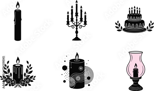Candle illustration set, birthday cake candles, floral decor, hurricane lamp, festive wax lights, spiritual ambiance, vector design, glowing flame icons