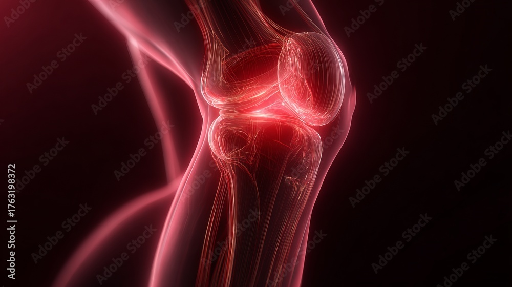 Obraz premium Explore the intricate details of a human knee joint illuminated with vibrant red hues, showcasing the internal structure and complexity of human anatomy