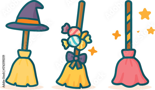 Cartoon broomstick vector set, Halloween witch hat, candy bow decoration, magical star swirl, playful fantasy illustration, festive flying broom designs