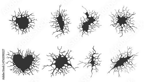 Crack concrete wall set texture, floor ground broken effect. Horizontal breaks on land surface. Dry soil. Damaged by earthquake fissure and fracture.