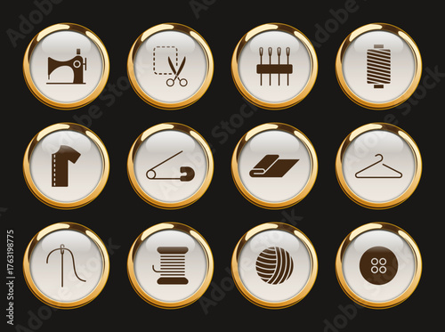 sewing gold rimmed vector icons. sewing icon set for web, mobile apps, ui design, print polygraphy and promo advertising business