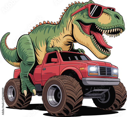 Cartoon T. rex on monster truck vector, green dinosaur with red sunglasses roaring atop red vehicle for kids, print, merchandise, humor, adventure