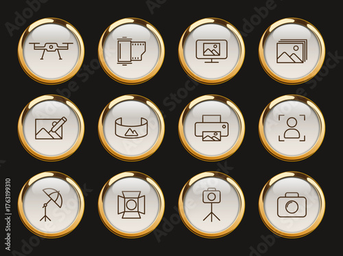 photography gold rimmed icons. photography gold rimmed icons for web and ui design, mobile apps, print polygraphy and promo advertising business