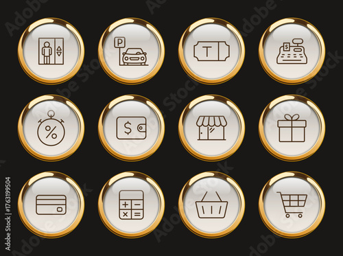 shopping mall gold rimmed icons. shopping mall gold rimmed icons for web and ui design, mobile apps, print polygraphy and promo advertising business