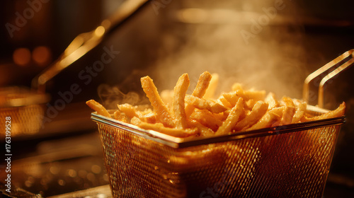 French Fries in Fryer Basket with Steam – Hot Snack Food Concept