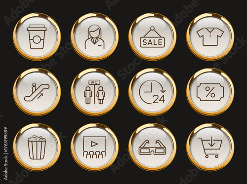 shopping mall gold rimmed icons. shopping mall gold rimmed icons for web and ui design, mobile apps, print polygraphy and promo advertising business