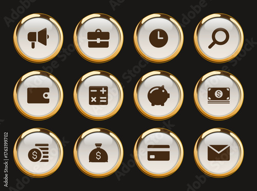business gold rimmed icons. business gold rimmed icon set for web, mobile apps, ui design, print polygraphy and promo advertising