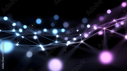 Abstract futuristic network of glowing nodes and connections with blue and purple gradient lights