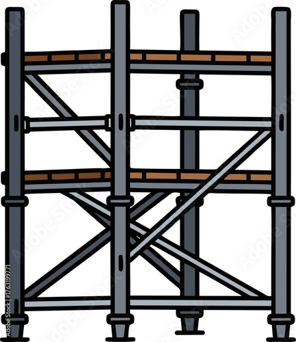 Cartoon Scaffolding Structure with Brown Planks and Gray Metal Frame