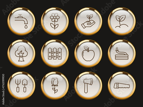 garden gold rimmed vector icons. gardening icon set for web and ui design, mobile apps and print products