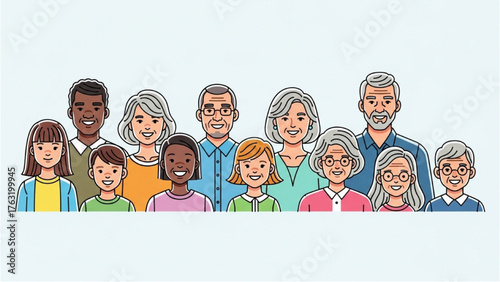 Illustration of a diverse multi-generational family and community group showcasing unity and connection