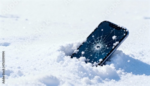 Broken mobile phone with cracked screen in deep winter snow