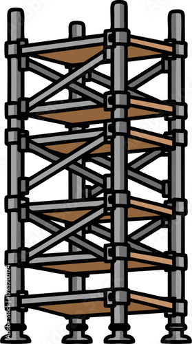 Cartoon Scaffolding Structure with Brown Shelves and Gray Metal Frame