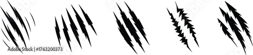 Claw mark vector set, jagged scratch designs, aggressive abstract shapes, black graphic elements, dynamic pattern collection, edgy illustration, stylized damage motif