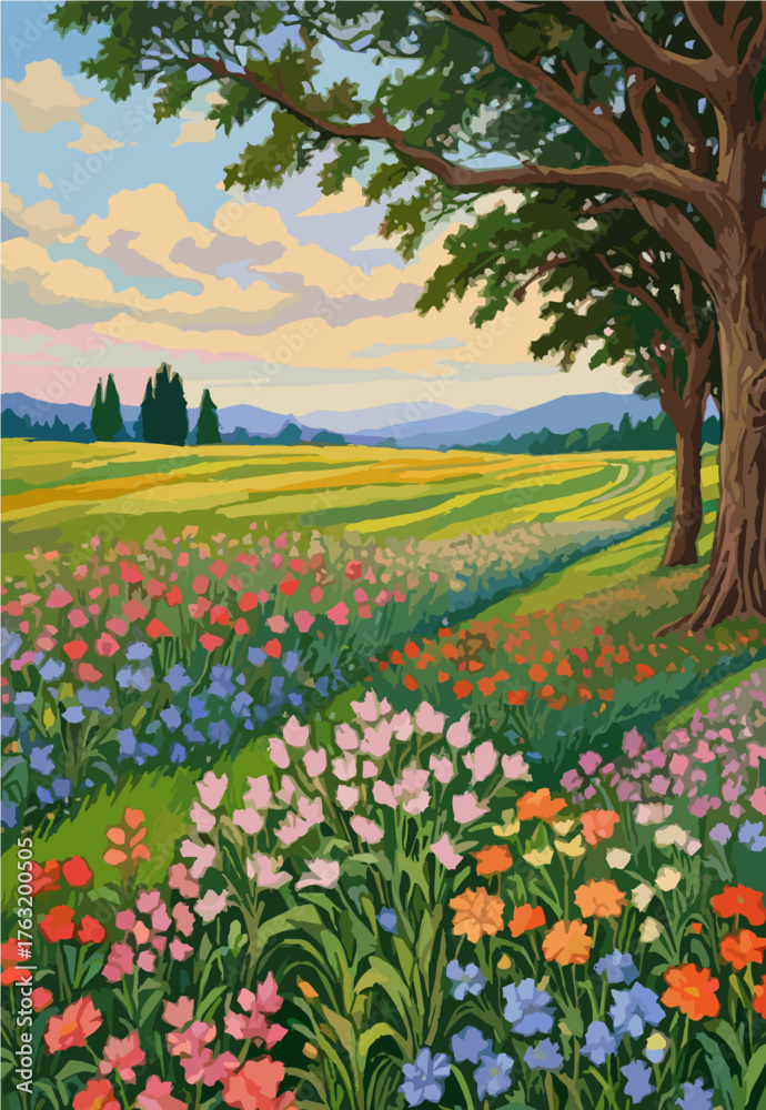 Fototapeta premium Colorful flower rows stretching through valley