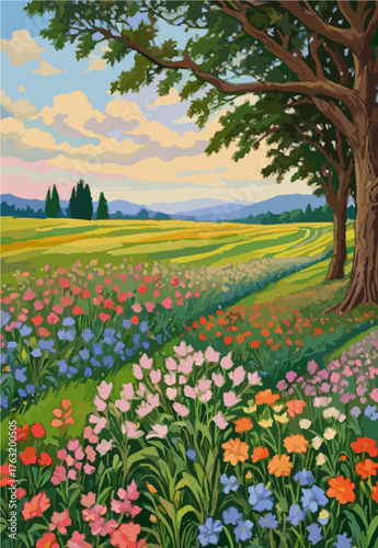 Wallpaper Mural Colorful flower rows stretching through valley Torontodigital.ca