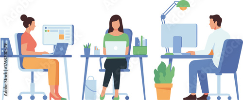 Flat illustration of modern office workspace with people working on laptops and computers in teamwork, business collaboration concept