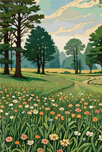 Blooming meadow under tall green trees