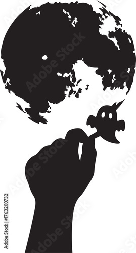 Monochrome illustration a hand presents a whimsical figure before a world globe, symbolizing subtle influence and the intricate power shaping global events and destiny