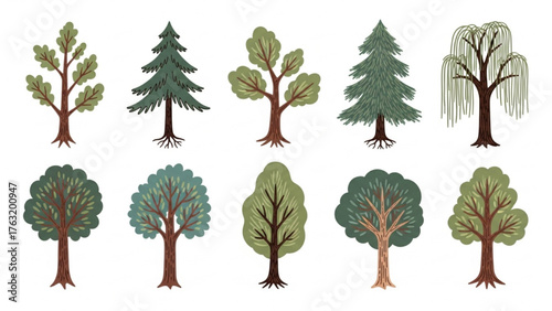 Diverse Collection of Tree Illustrations in Various Shapes and Sizes