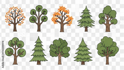 A diverse collection of illustrated cartoon trees, featuring both deciduous and coniferous varieties