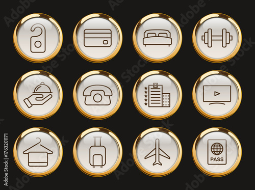 hotel gold rimmed vector icons. hotel icon set for web and ui design, mobile apps and print products