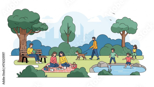 Joyful urban park scene with diverse people enjoying leisure activities, picnics, dog walks, and children playing outdoors