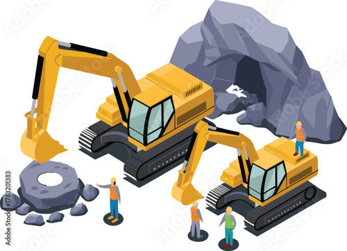 Isometric construction scene with excavators, workers, and rocky terrain, heavy machinery operating at mining or excavation site illustration