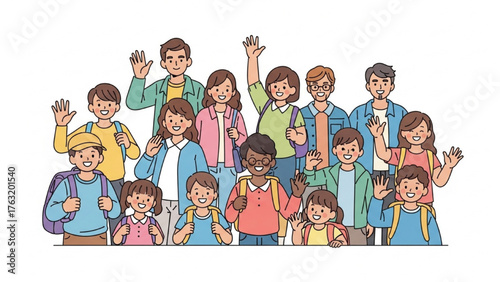 Group of Diverse School Children Smiling and Waving with Backpacks - Happy Students