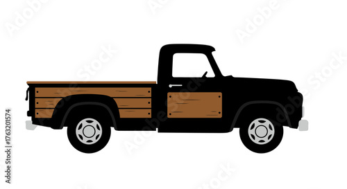 Vintage black pickup truck with wood panel sides classic american automotive transport transportation vehicle old school hauling isolated on white background