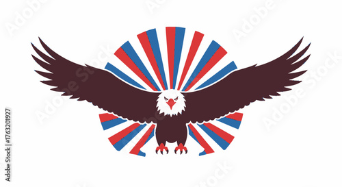 Majestic bald eagle spreading wings above vibrant red white and blue sunburst symbol of freedom and patriotism american power isolated on white background