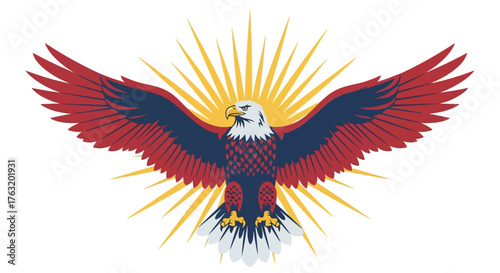 Majestic bald eagle soaring with wings spread wide and radiant sunburst behind symbolizing freedom power and national pride isolated on white background