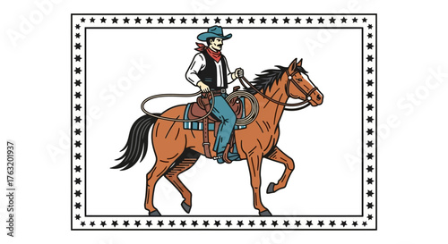 Rodeo cowboy riding a horse with decorated saddle and traditional western attire detailed digital art isolated on white background