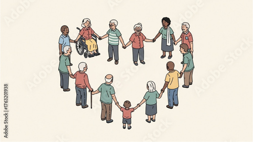 Diverse Community Standing Together in a Heart Shape, Symbolizing Unity and Support