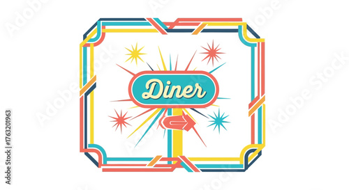 Retro diner sign with starbursts and colorful border nostalgic americana scene evoking classic american eateries isolated on white background