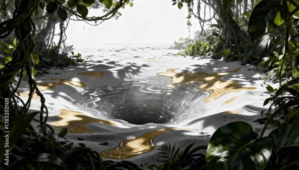 Fototapeta premium Fantasy jungle scene with a swirling vortex and golden liquid