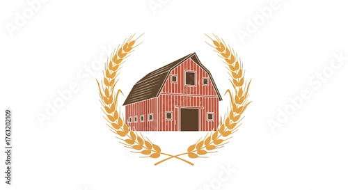 Rustic red barn emblem with golden wheat wreath evokes agricultural heritage and farm life countryside charm isolated on white background