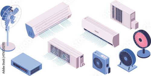 Isometric illustration of air conditioning and ventilation devices including fans, split units, coolers, and HVAC systems for climate control
