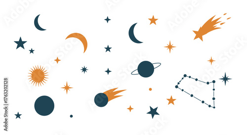 Whimsical celestial elements collection featuring crescent moons stars planets comets and constellations for cosmic themed designs isolated on white background